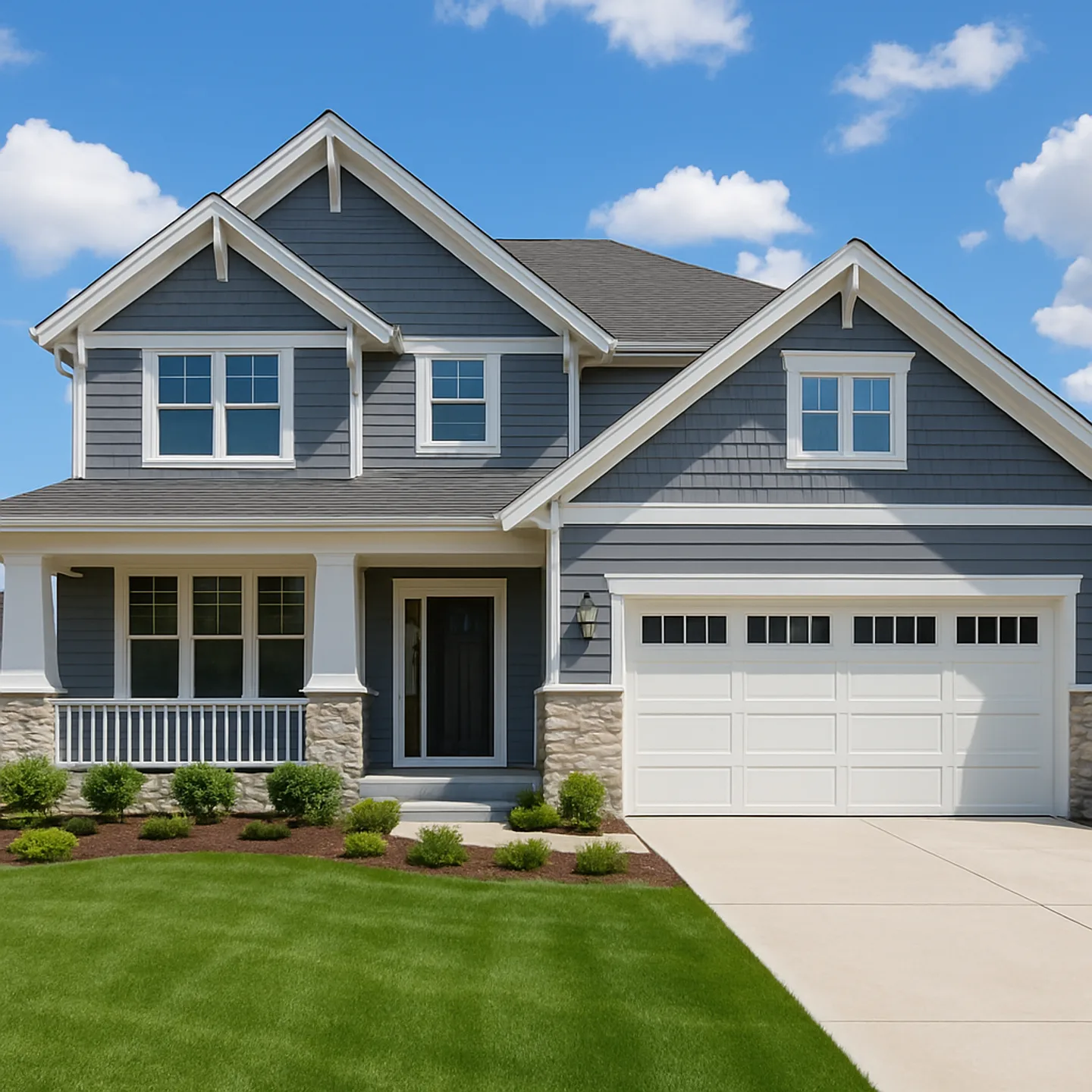 Freshly cleaned two-story craftsman home with manicured lawn